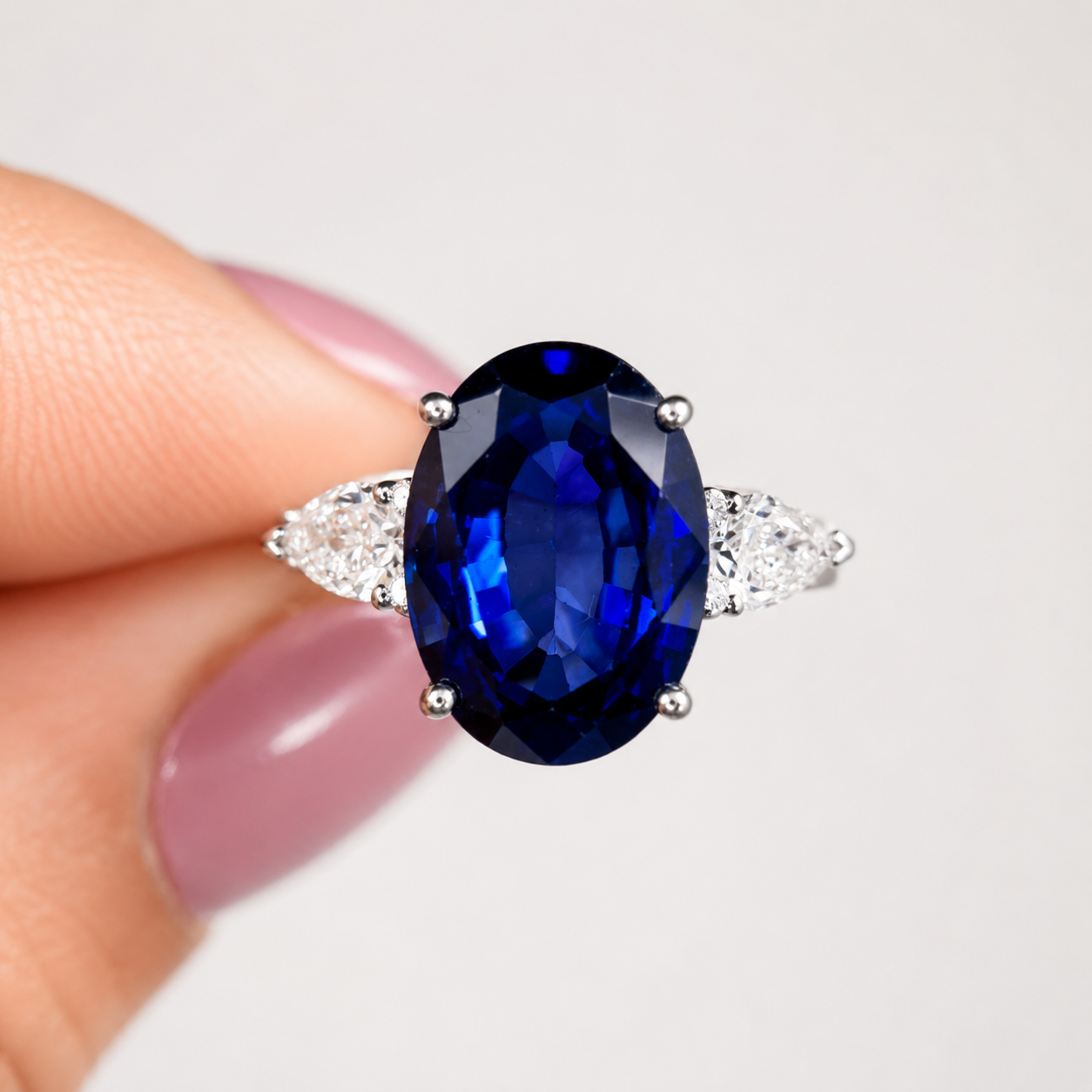 8.40 Carat White Gold Oval  Cut Lab Blue Sapphire & Diamond Engagement Ring